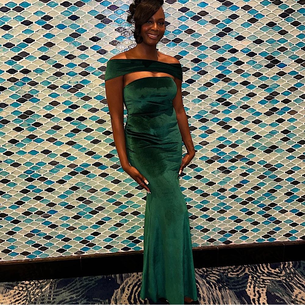 Beautiful, timeless, hunter green strapless gown.